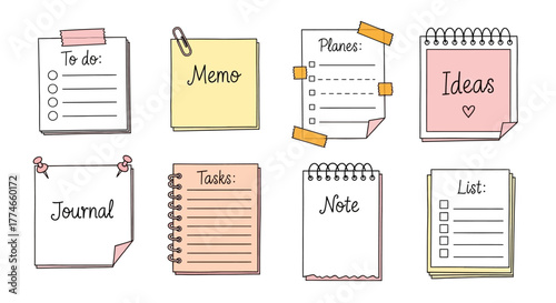 Doodle style sticky notes and notebook paper vector illustration. A graphic collection of templates for a to-do list, journal, memo, and planner
