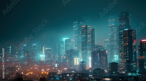 Wallpaper Mural Futuristic city skyline at night with towering skyscrapers. Neon lights illuminate urban landscape. Modern real estate and advanced technology concept. Torontodigital.ca