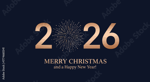 Happy New Year 2026 and Merry Christmas luxury greeting card with golden typography and festive fireworks on a dark blue background