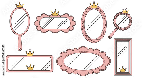 Collection of Pink Princess Mirrors with Golden Crowns for Design and Decoration