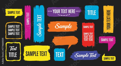 Collection of colorful speech bubbles and text boxes with hand-drawn brush stroke textures for design and messaging