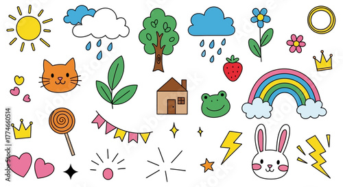 Cute doodle illustrations featuring a variety of fun and whimsical elements like animals, nature, and celebrations