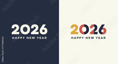 Elegant 2026 year number typography design with 'Happy New Year' text, presented in vibrant color variations for festive holiday season greetings and celebration artwork