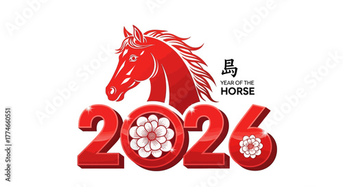 Red Horse zodiac sign for the Chinese New Year 2026 celebration. Vector illustration with flower elements for a festive greeting