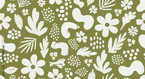 Hand-drawn seamless pattern with abstract organic flowers, leaves, shapes, and dots in light beige on olive green, perfect for textile and digital use