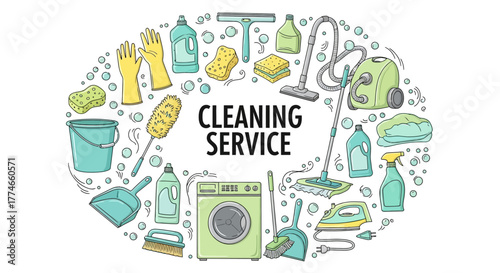 Colorful cartoon illustration of various cleaning supplies and housekeeping equipment arranged in a circular concept for service