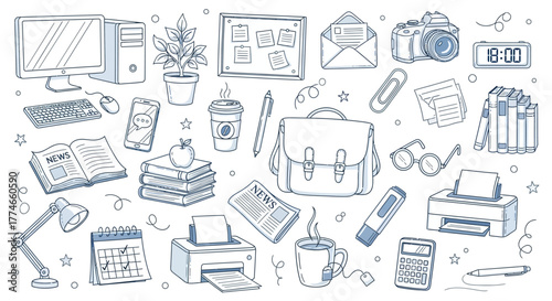 Office and Stationery Essentials A Detailed Sketch Illustration with Multiple Elements