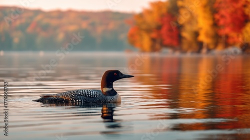 Loon swimming in a lake with autumn foliage reflections. Wild animal in tranquil nature scene. Beautiful seasonal wildlife imagery for tourism.