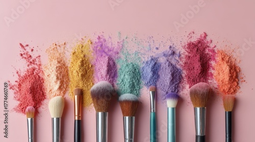 Makeup brushes with colorful cosmetic powder. Professional make up accessory collection for beauty and fashion styling concept.
