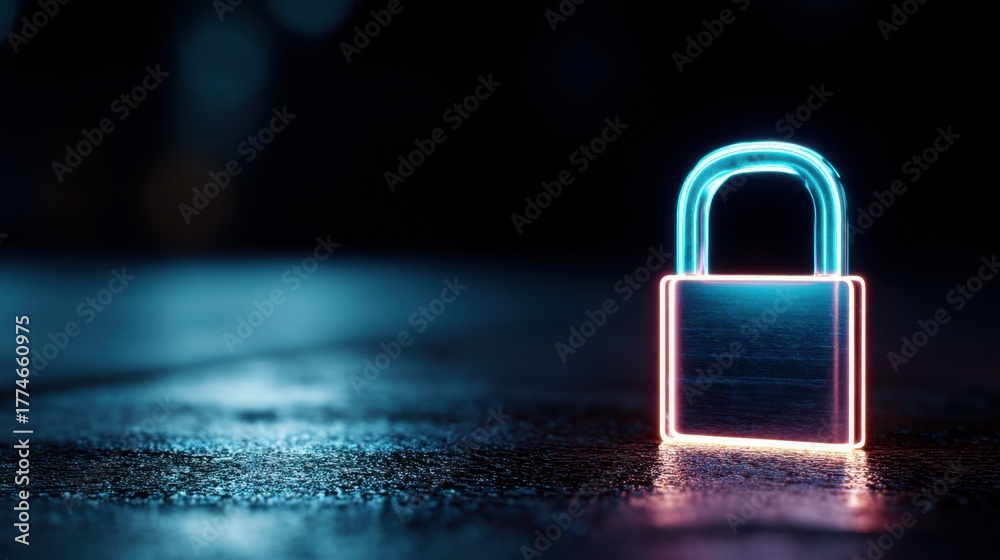 Fototapeta premium A digitally rendered padlock with glowing neon edges on a dark, textured surface, representing digital security, data protection, and internet privacy concept.