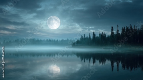 Fototapeta Naklejka Na Ścianę i Meble -  Full moon reflecting on a foggy lake with a forest on the horizon. Ethereal night landscape for relaxation and nature inspiration with mystic atmosphere.
