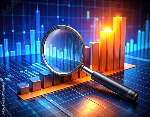 Magnifying glass over digital financial data charts and graphs analysis.