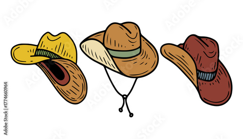 Cowboy hat set. Hand drawn flat vector. Stetson. Felt or leather accessory for wearing on the head. Object of clothing. Headwear illustration.