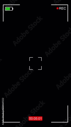 Recording screen vertical interface showing REC indicator, green battery bar, focus square, and red timer on transparent background. 4K video
