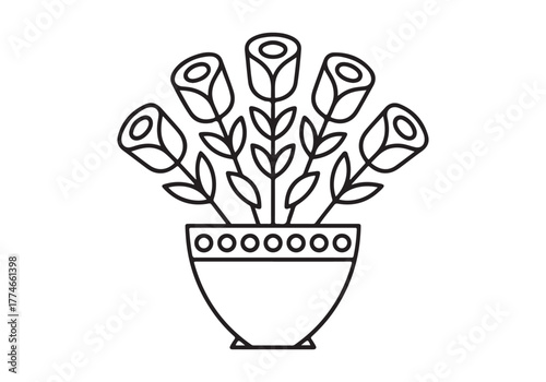 Stylized Line Art Bouquet of Roses in a Pot