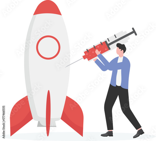 Businessman riding a rocket looking through binoculars, Business concepts for development and moving forward to success,
