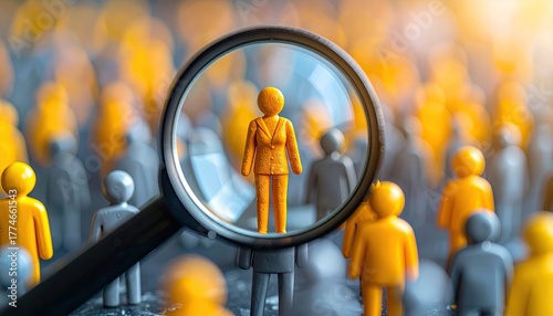 Magnifying glass highlights one person from a diverse crowd of figures.