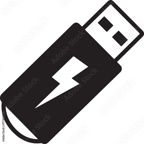 Vector USB flash drive icon with lightning bolt symbol representing fast data transfer and storage