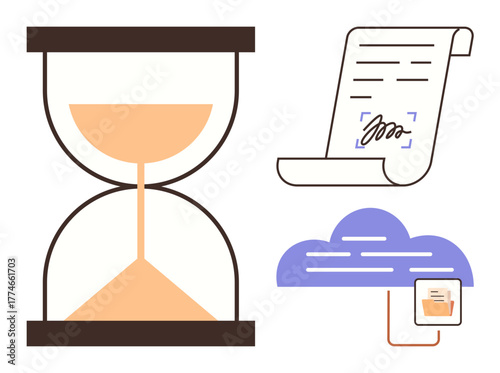 Hourglass symbolizing time, signed document representing agreements, and cloud storage icon. Ideal for productivity, organization, digital transformation, workflow, efficiency, legal processes