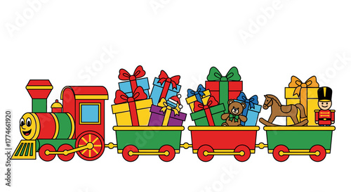 Colorful cartoon Christmas train carrying many wrapped gifts, a teddy bear, rocking horse, and toy soldier.