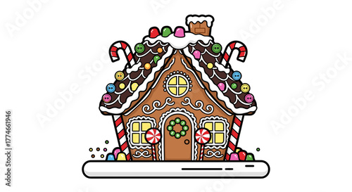 A festive cartoon gingerbread house decorated with colorful candy, sweets, and icing for the Christmas holiday, isolated on a white background.