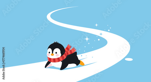 A cute cartoon penguin wearing a red scarf slides down a snowy path with sparkles.