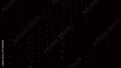 Abstract animation Background of Falling Purple Dots and Streaks on Black. Purple dot rain with streaks on dark background, digital abstract motion, contemporary visual style.