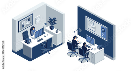 Modern office workspace with employees in isometric design style