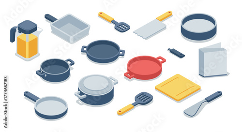 Isometric kitchen utensils and cookware set with modern design elements