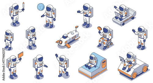 Exploring space: isometric astronauts engaged in various activities
