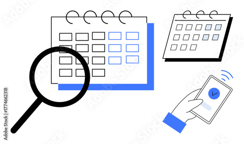 Magnifying glass analyzing calendar, hand holding phone with checkmark. Ideal for scheduling, time management, appointment booking, event planning, task checking, productivity digital tools. Simple