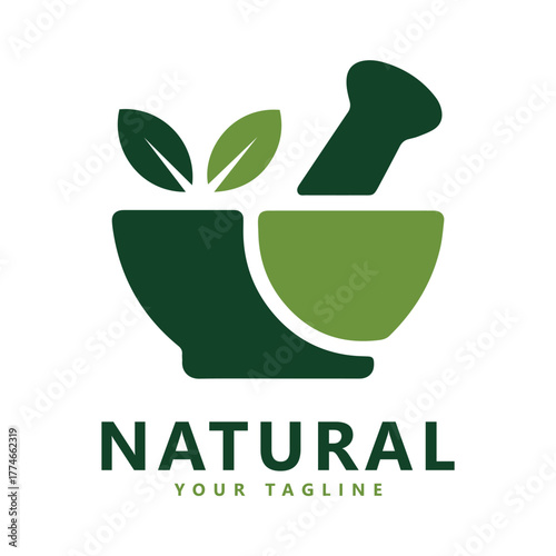Bowl leaves herbal medicine nature colorful green traditional logo design vector icon illustration