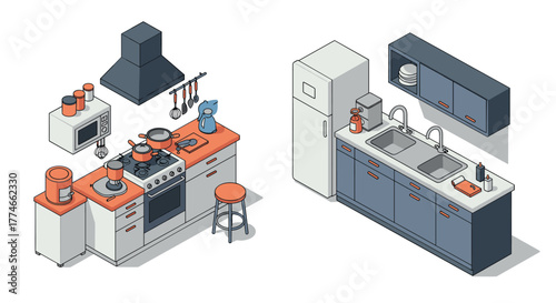 Modern isometric kitchen design with appliances and furniture