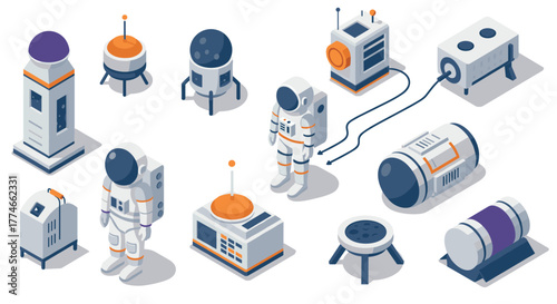 Isometric space exploration equipment and astronauts in futuristic design