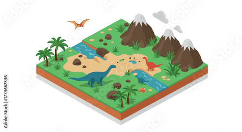 Isometric dinosaur park with volcanoes, streams, and tropical plants