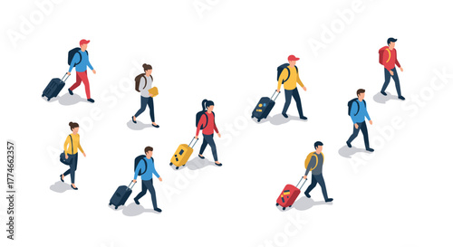 Traveling people isometric style with luggage on white background