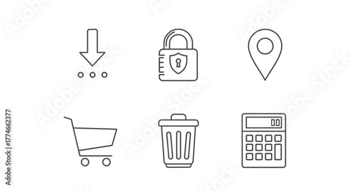 Vector illustration of line art icons featuring a download arrow, padlock, location pin, shopping cart, trash can, and calculator, perfect for web design