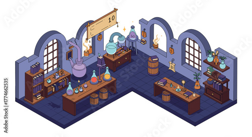 Isometric fantasy potion shop with alchemy equipment in a magical room setting