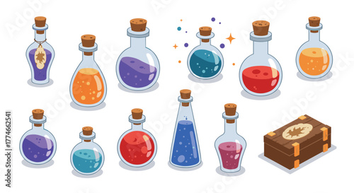 Magical potion bottles collection with wooden chest for fantasy games and designs