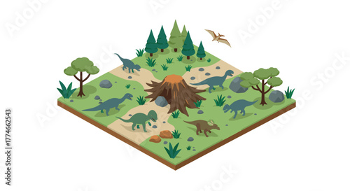 Isometric dinosaur landscape with prehistoric creatures and trees