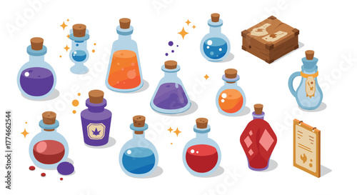 Isometric magic potion collection with corked bottles and wooden crate