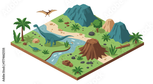 Isometric prehistoric landscape with dinosaurs and volcano in vibrant colors