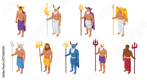 Mythical greek gods in isometric style with tridents and robes
