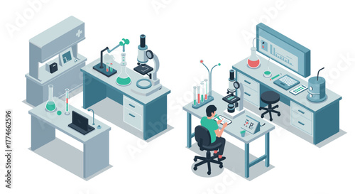 Isometric laboratory scene with scientist and equipment in modern workspace