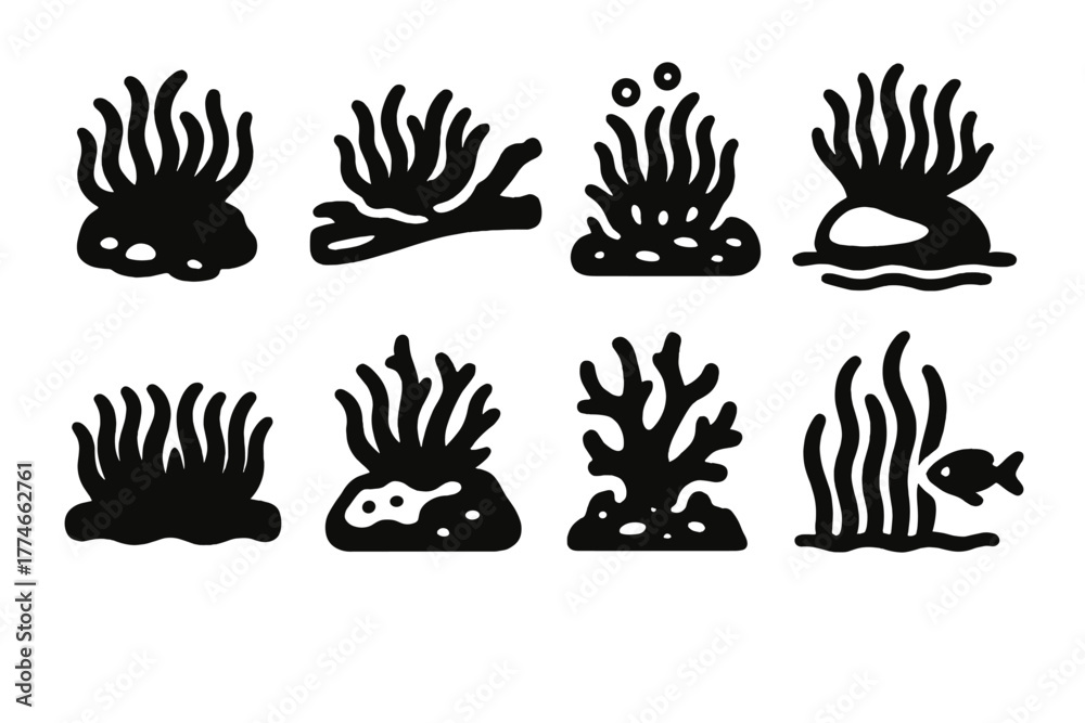 Fototapeta premium Underwater Moss Icons. Aquatic moss set silhouette set: underwater moss clump, moss on driftwood, moss with bubbles, moss on river rock, freshwater moss mat, moss on coral fragment