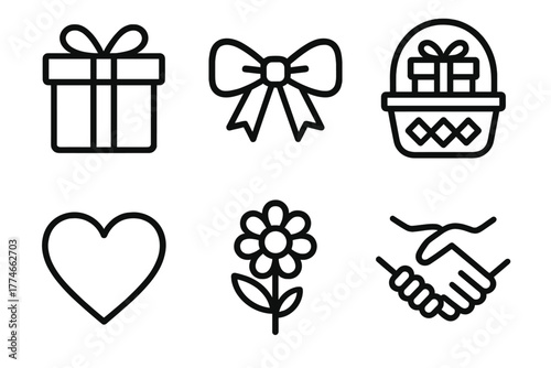 Gift Icons Collection. Gift giving outline icons: wrapped present, ribbon, basket, heart, flower, handshake.