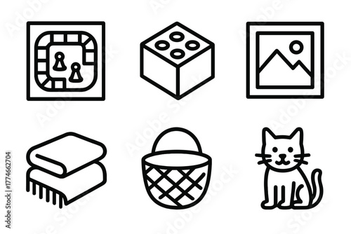 Outline Family Room Icons. Family living room outline icons: board game, toy block, photo frame, blanket, basket, pet.