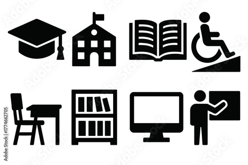 Educational Equity Icons. Educational Equity silhouette set: graduation cap, school building, open book, wheelchair ramp, classroom desk, library shelf, computer screen, teacher