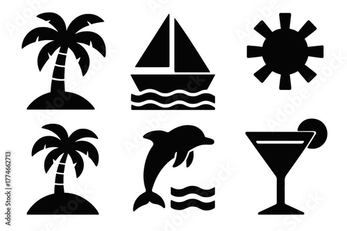 Exotic Travel Icons. Exotic travel silhouette set: palm tree, sailboat, sun, dolphin, island, cocktail glass.