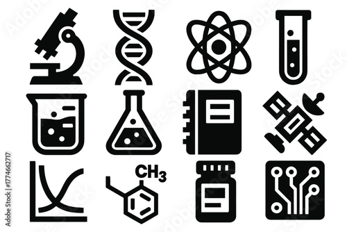 Brutalist Science Icons. Scientific expertise silhouette set: microscope, DNA strand, atom, test tube, beaker, flask, lab notebook, satellite, graph curve, chemical formula, sample